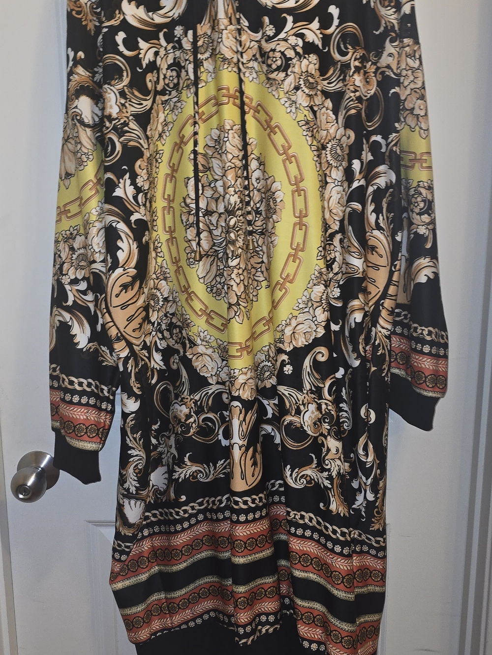 Ashley Stewart Black Dress with Yellow Medallion and Cream Baroque Print